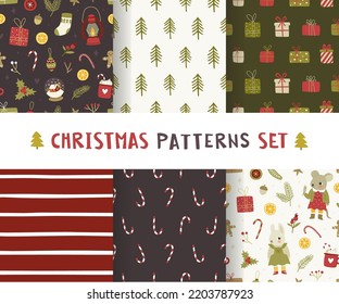 Christmas pattern set. Kids noel vector patterns collection. Cute seamless christmas prints bundle.