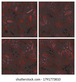 Christmas pattern set with a metallic effect. Imitation of red foil. Digital paper collection. Hand drawing. Decorative background for the design of covers, invitations and cards