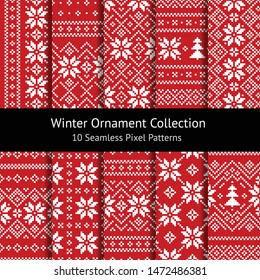 Christmas pattern set. Seamless pixel patterns in red and white with nordic snowflakes and Christmas trees for winter hat, ugly sweater, jumper, paper, or other designs. Traditional fair isle motifs.