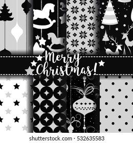 Christmas pattern. Set of seamless vector patterns with deer star horse