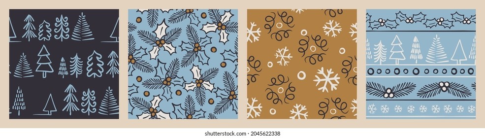 Christmas pattern set with snowflakes, Christmas trees and ivy for stationery, gift wrap, Christmas decor, home decor, invitations. 