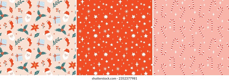 Christmas pattern set with stars and sparkles, winters flowers, holly leaves and Santa. Background for fabric, gift wrap, wallpaper etc. 