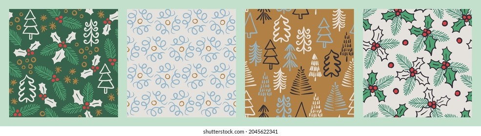 Christmas Pattern Set With Christmas Trees And Ivy For Stationery, Gift Wrap, Christmas Decor, Home Decor, Invitations. 