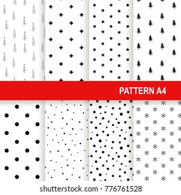 Christmas pattern set. Vector Background for printing A4 size. Back holiday silhouette elements on white. Simple minimalist style, scandinavian design interior, post card, backdrop, wrapping paper.
