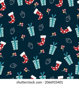 Christmas pattern with shock ,gift ,acorn. Celebration concept. Holiday seamless pattern.