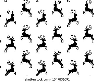 christmas pattern of silhouette pixel art deer. vector seamless black white background new year
