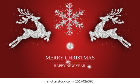 Christmas pattern silver deer and snowflake. Xmas decoration with reindeer. Happy New Year red background. Template for greeting card, banner or poster. Vector illustration.