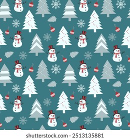 Christmas pattern Simple vector seamless pattern for gift wrapping with snowman, Christmas tree, snowflakes and toy  Print for wrapping paper, Christmas cards, scrapbooking