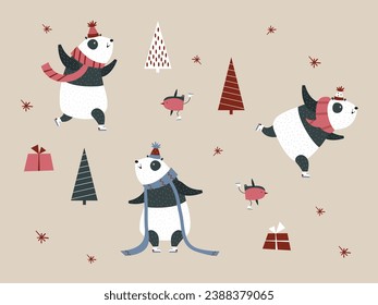 Christmas pattern: skating pandas, birds, gifts, Christmas trees. Vector illustration.
