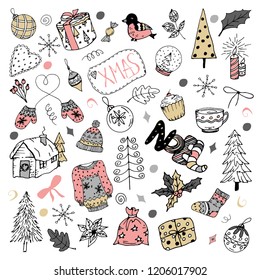 Christmas pattern,  sketch set. Perfectly for wrapper pattern, banners, paper, Christmas cards. Hand drawn doodle vector illustration.