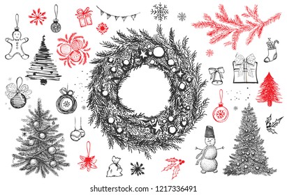 Christmas pattern in sketch style. Hand drawn.