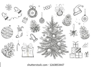 Christmas pattern in sketch style. Hand drawn.
