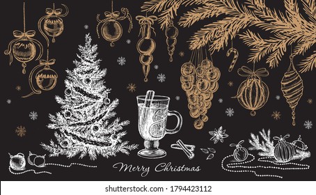 Patrón navideño al estilo de boceto. Ilustración dibujada a mano.	