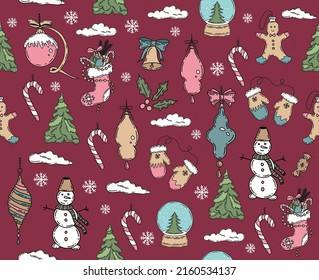 Christmas pattern in sketch style. Hand drawn illustration.