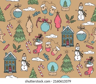 Christmas pattern in sketch style. Hand drawn illustration.