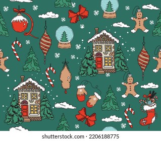 Christmas pattern in sketch style. Hand drawn illustration.	
