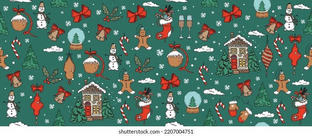 Patrón navideño al estilo de boceto. Ilustración dibujada a mano.