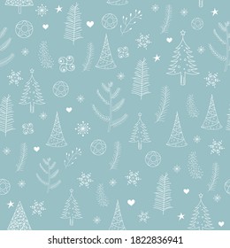 Christmas pattern with small stars, snow and Christmas trees on green background