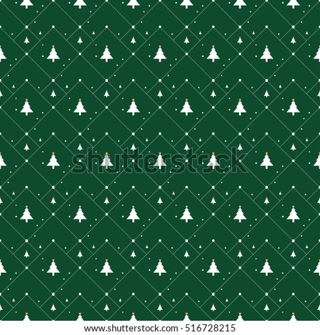 Christmas pattern with small stars, snow and Christmas trees on green background