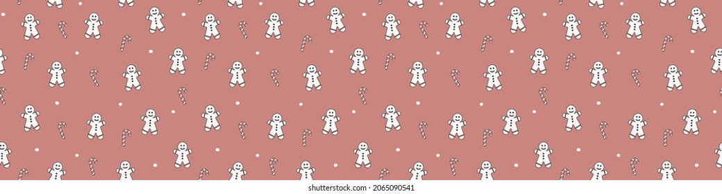Christmas pattern with smiley gingerbread cookies and candies. Banner. Vector