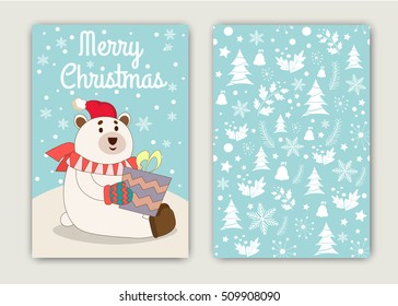 Christmas pattern with snow and funny bear. Vector Template illustration background card.