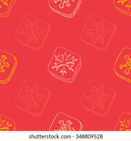 Christmas pattern with snowflake sketch on red background