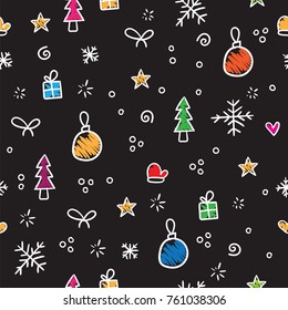 Christmas pattern with snowflake, snow, colorfull ball, decoration, bow and holiday tree on New Year background. New Year and Christmas ornaments vector illustration on black backdrop