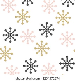 Christmas pattern with snowflakes abstract background. Pink, grey and golden snowflakes. Vector illustration. White background. Holiday design for New Year fashion prints. 