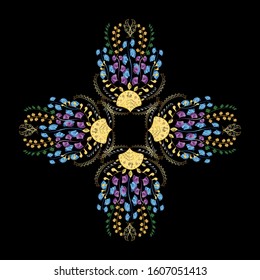 Christmas pattern with snowflakes abstract background. Black, yellow and blue colors. Vector illustration. Holiday design for Christmas and New Year fashion prints.