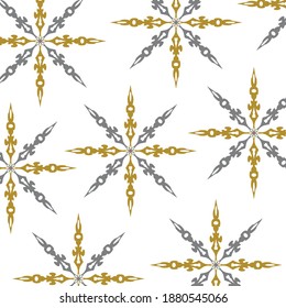 Christmas pattern with snowflakes abstract background. Gray and golden snowflakes. Vector illustration. White background. Holiday design for New Year fashion prints. 