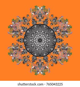 Christmas pattern with snowflakes abstract background. Holiday design for Christmas and New Year fashion prints. Vector illustration. Orange, gray and green colors.