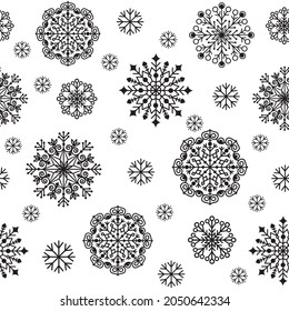 Weihnachtsmuster von Schneeflocken, schwarzer Umriss, Vektorgrafik