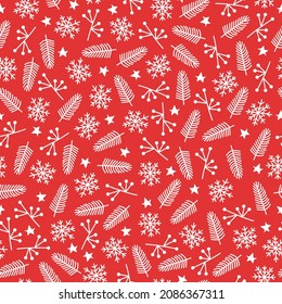 Christmas pattern with snowflakes and branches in doodle style on red background. Vector stock illustration