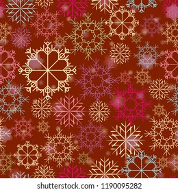 Christmas pattern with snowflakes in bright colors on a burgundy background. As material for gift wrapping or background.