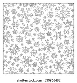 Christmas pattern from snowflakes for a card and coloring book. Christmas hand-drawn doodle decorative elements in vector. Black and white.