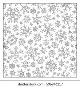 Christmas pattern from snowflakes for a card and coloring book. Christmas hand-drawn doodle decorative elements in vector. Black and white.