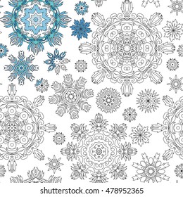 Christmas pattern from snowflakes for a card vector. Pattern for coloring book. Christmas hand-drawn doodle decorative elements in vector. Black and white pattern.