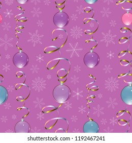 Christmas pattern with snowflakes, Christmas-tree transparent balls and serpentine on a lilac background. As material for gift wrapping or background.