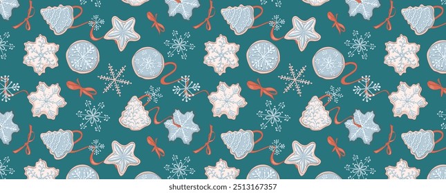 Christmas pattern of snowflakes and Christmas cookies, bows and ribbons. New Year vector seamless background. For banner, booklet, design, background, postcard, fabric, textile, clothes.