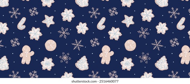 Christmas pattern of snowflakes and Christmas cookies. New Year's Vector Seamless background. For banner, booklet, design, background, postcard, fabric, textile.