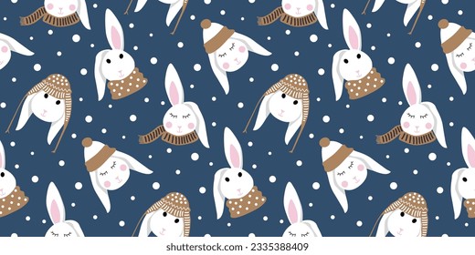 Christmas pattern with snowflakes and cute bunny on dark blue background, vector winter illustration