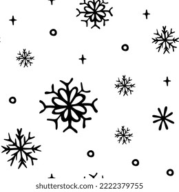 Christmas pattern with snowflakes doodle style, minimalism, seamless black and white