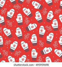 Christmas pattern with snowflakes and mittens. Perfect for holiday decorations, wallpaper, wrapping paper, greeting cards, gift paper, web page background.