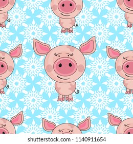 Christmas pattern with snowflakes and pigs. Seamless print for fabric, textile, background, wrapping paper.