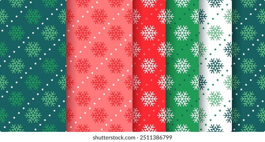 Christmas pattern with snowflakes. Seamless backgrounds. Set Xmas red green prints. Winter holiday textures. Festive wrapping papers. Geometric backdrop in flat design. Vector illustration     