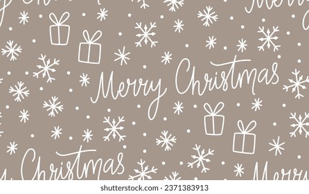 Christmas pattern, snowflakes and snow on brown kraft paper. White drawings, seamless tile for wrapping paper design