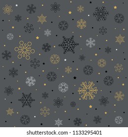 Christmas pattern with snowflakes, stars and dots isolated on dark background. Fits perfectly for print or any christmas background.