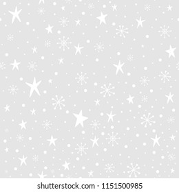 Christmas pattern with snowflakes and stars on grey background.