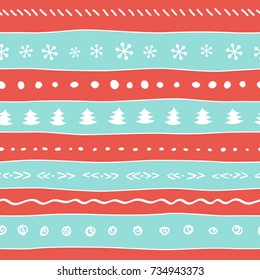 Christmas pattern with snowflakes, tree, dots. Seamless cute soft color hand drawn texture. Vector design decor background.