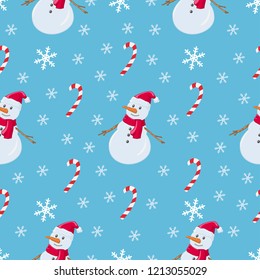 Christmas pattern snowman, candy stick and snowflakes. Vector pattern